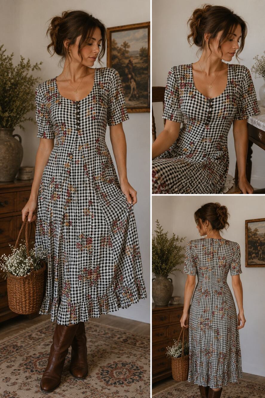 Vintage Jamie Brooke Floral Gingham Midi Dress Women 16 Cottagecore Prairie 90s